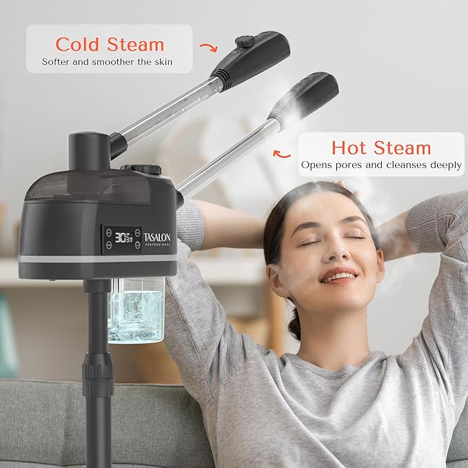 TASALON 2 in 1 Professional Facial Steamer on Wheels -with Ozone and Hot & Cold Mist, Ionic Facial Steamer Kit for Facial Deep Cleaning and Moisturize, SPA & Home, Ozone Face Humidifier - Black-Velvo Beauty
