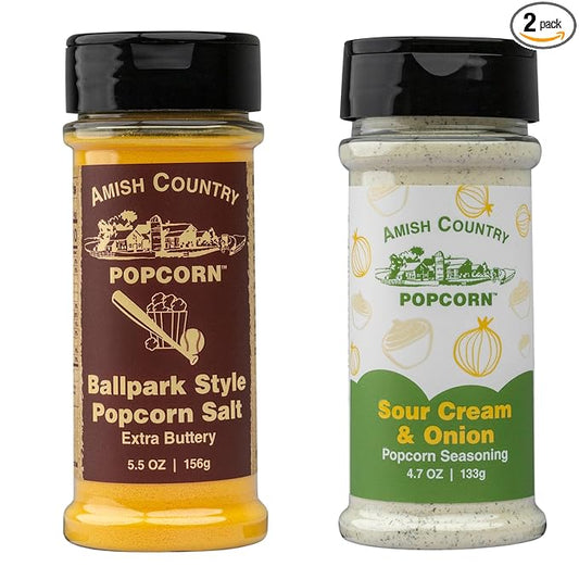 Amish Country Popcorn | Seasoning Variety Pack | Ballpark Style Buttersalt - 5.5 oz and Sour Cream and Onion - 4.7 oz Popcorn Seasoning | Old Fashioned, Non-GMO and Gluten Free-Velvo Beauty