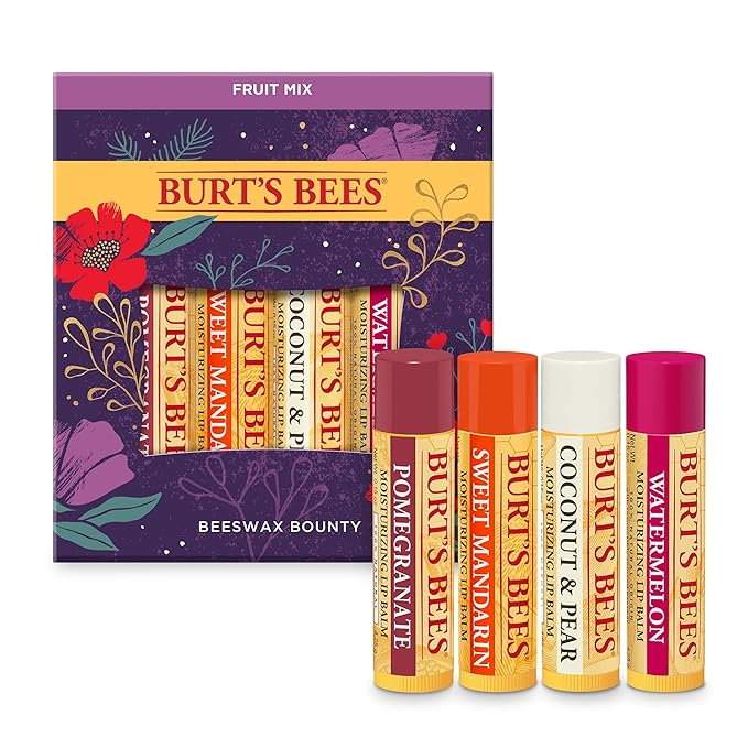 Burt’s Bees Holiday Gift, 4 Lip Balm Stocking Stuffer Products, Beeswax Fruit Set - Pomegranate, Sweet Mandarin, Coconut and Pear & Watermelon (Old Version)-Velvo Beauty