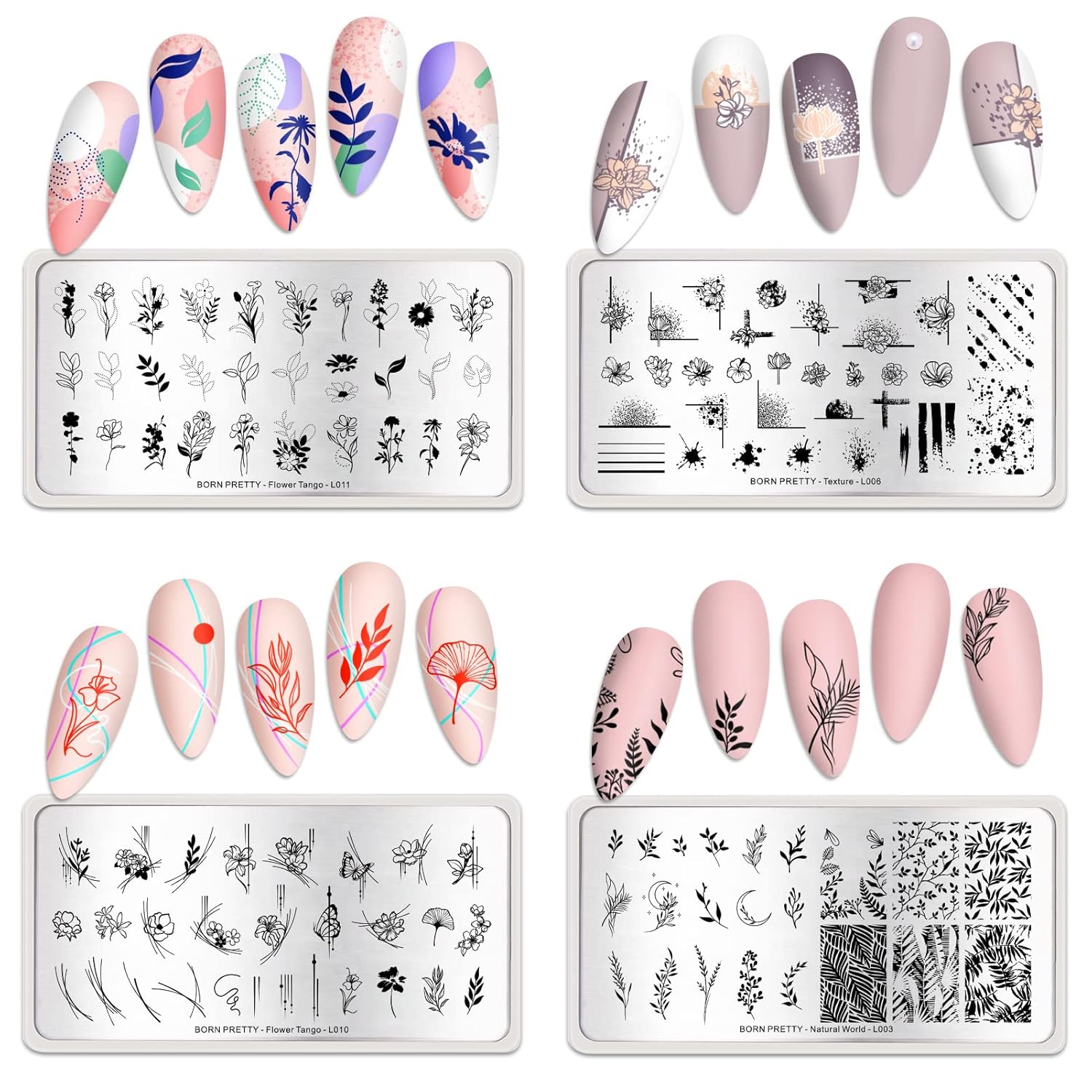 BORN PRETTY Stamping Temeplates Nail Art Stamping Plates Flower Leaves Theme Nail Image Plates Nail Manicuring DIY Printing Tools 4PCS-Velvo Beauty