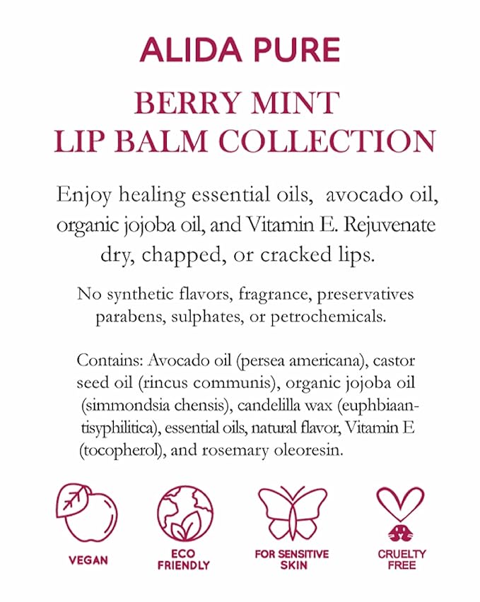 Berry Mint Lip Balm Collection, Vegan Set, Bees Wax Free, Coconut Oil Free, with Organic Jojoba and Avocado Oil, Vitamin E, Natural Moisturizer For Dry Cracked Lips, 3 Tube Set-Velvo Beauty