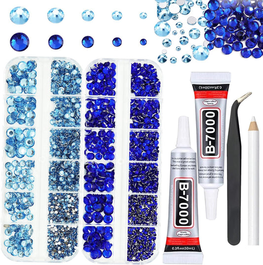 Light and Dark Blue Rhinestones with Glue(S8-S30) for Bedazzling,2mm-6mm Non-Hotfix Flatback Nail Gems Beads Baby and Navy Blue Gems Diamonds Kit, Nail Gems Beads for Bedazzling Crafts, DIY Art-Velvo Beauty
