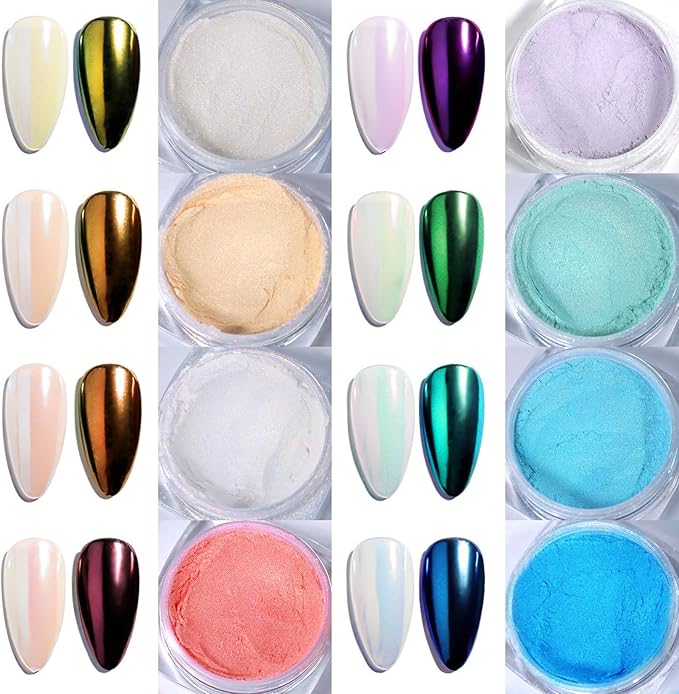 Laza Mermaid Pearl Chrome Nail Powder, 8 Colors Metallic Mirror Effect Pigment, Iridescent Aurora Nail Glitter Dust Kit for Gel Nail Art Decoration, Resin Craft, Gifts - Sweet Candy-Velvo Beauty
