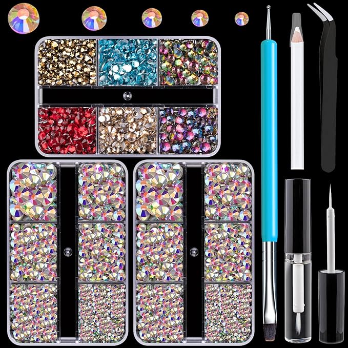 Colorful Face Gems for Makeup Set, Flatback Gorgeous Glass AB Gems+Mixed-Colored Crystals with Picker Pencil, Makeup Glue, Dual-End Dotting Tool, Tweezer for Eye Body Hair Make-up and Nail Art Deco-Velvo Beauty