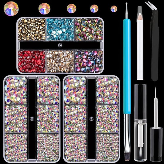 Colorful Face Gems for Makeup Set, Flatback Gorgeous Glass AB Gems+Mixed-Colored Crystals with Picker Pencil, Makeup Glue, Dual-End Dotting Tool, Tweezer for Eye Body Hair Make-up and Nail Art Deco-Velvo Beauty