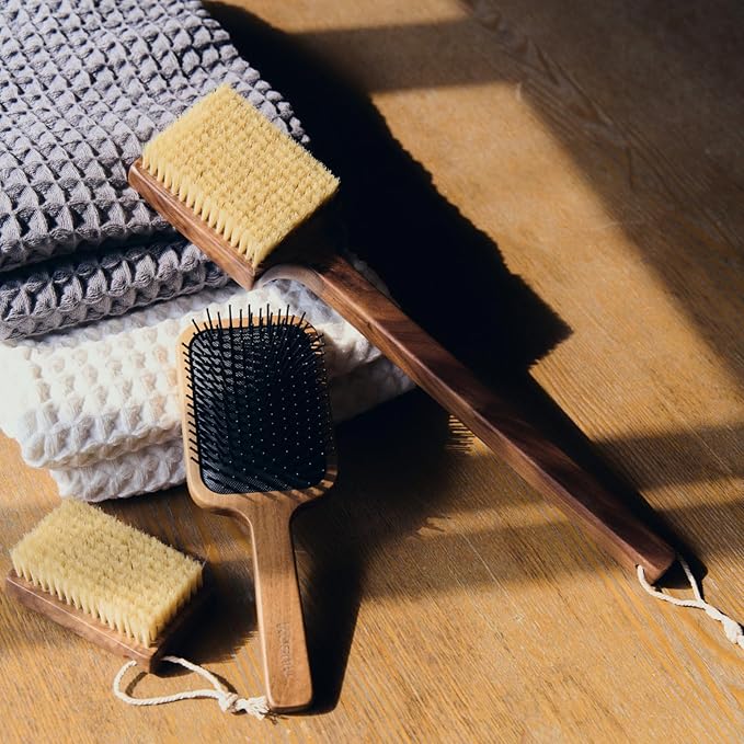 Luxury Natural Walnut Wood Boar Bristle Body Brush | Exfoliating & Detoxifying for All Skin Type | Sweeps Away Dead Skin Cells for Luminous, Smooth Skin | for Wet and Dry Use (Body Brush Set)-Velvo Beauty