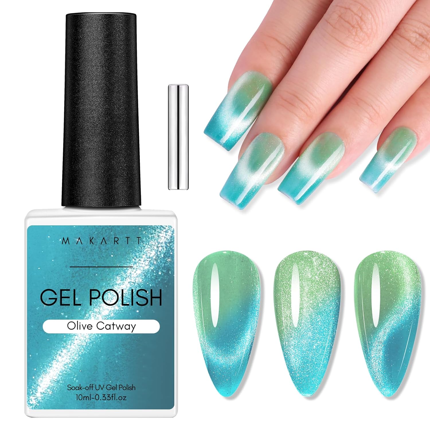 Makartt Cat Eye Gel Nail Polish: Reflective Glitter Gel with Magnet for Temperature Changing Magnetic Nails, Nail Polish UV/LED Light Cured, DIY Nail Art, Salon & Home Use(Olive Catway) 10ml-Velvo Beauty