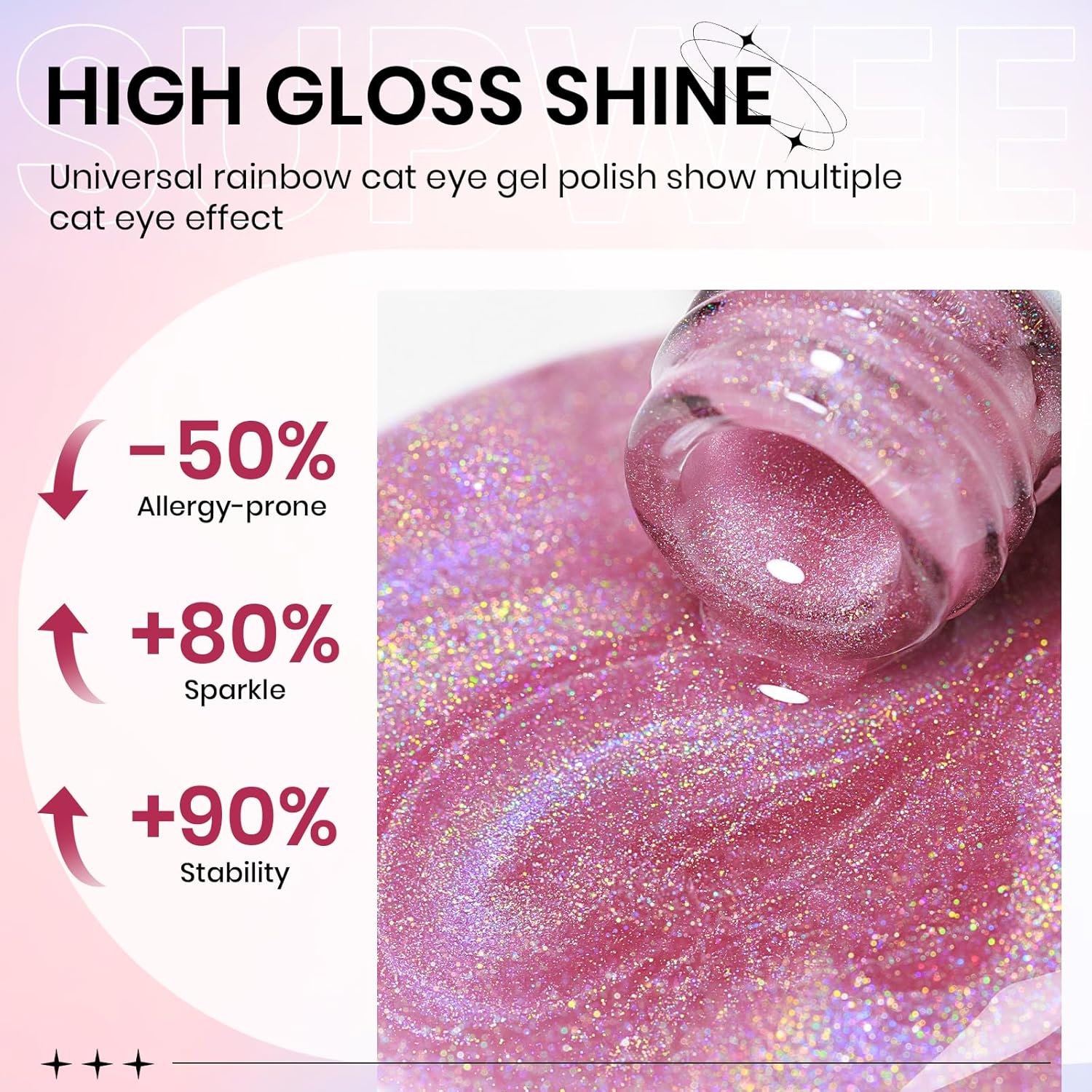 Pink Rainbow Cat Eye Gel Nail Polish Glitter Holographic Gel Polish with Magnetic Stick for a Glittery Iridescent Galaxy Effect Soak Off UV Lamp Perfect for Nail Art & DIY Manicures at Home-Velvo Beauty