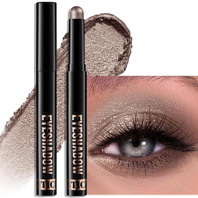 Taupe Shimmer Eyeshadow Stick, Waterproof Cream Eye Shadow Pencil Long-Lasting Crease-Proof Glitter Eyeshadow Crayon Smooth High Pigmented Highlighter Blendable Neutral Eye Shadow Liner Makeup-Velvo Beauty