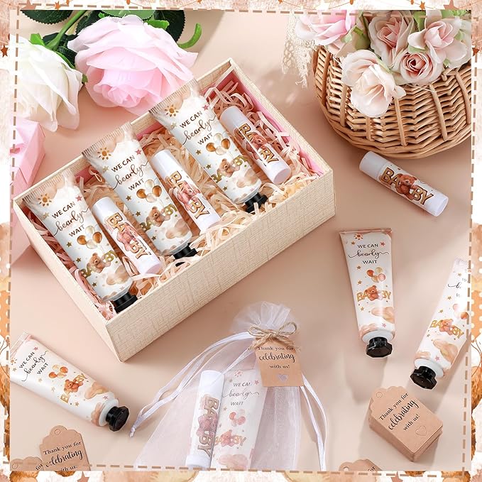 50 Sets 200 Pcs Baby Shower Hand Lotion and Lip Balm Gift Theme Baby Shower Party Favors Travel Size Hand Lotion and Lip Balm Bulk with Organza Bags Tags(Bear)-Velvo Beauty