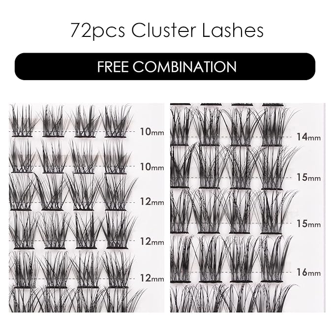 Cluster Lashes 72 Individual Lashes Clusters Eyelash Extensions False Eyelashes DIY Lash Extension Kit Reusable False Eyelashes Natural Look Mix 10-16mm C D Curl-DM06-Velvo Beauty