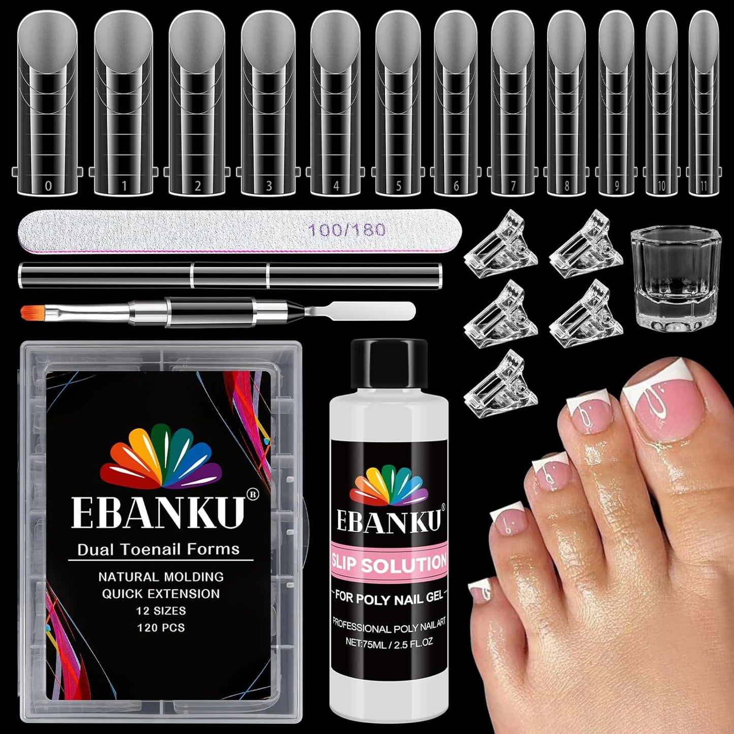EBANKU Poly Gel Toenail Kit, Reusable Toe Dual Nail Forms with 2.5oz Slip Solution Poly Gel Nail Kit for Toe Nail Tips for Women with Double-end Brush, File, Clips, Liquid Container, 120PCS, 12 Sizes-Velvo Beauty