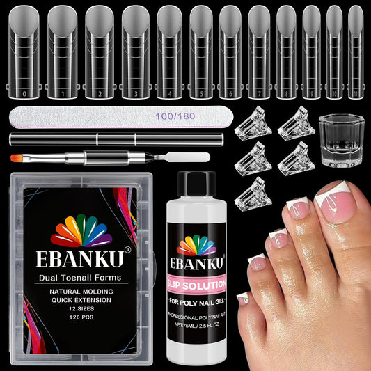 EBANKU Poly Gel Toenail Kit, Reusable Toe Dual Nail Forms with 2.5oz Slip Solution Poly Gel Nail Kit for Toe Nail Tips for Women with Double-end Brush, File, Clips, Liquid Container, 120PCS, 12 Sizes-Velvo Beauty
