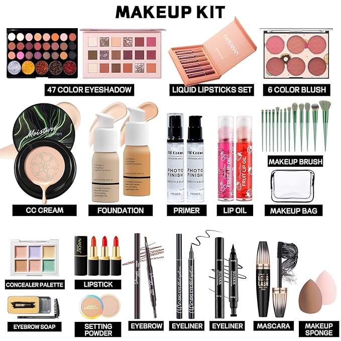 Makeup Set Makeup Set for Women Girls Teens Full Kit, Makeup Present Set for Beginners and Professionals Include Eyeshadow Palettes, Foundation, CC Cream, Liquid Lipsticks Set-Velvo Beauty