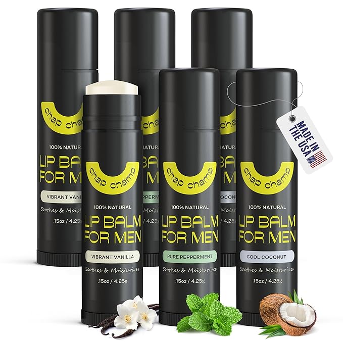 Lip Balm for Men - All Natural Mens Chapstick - Mens Lip Balm - Contains Vitamin E and Beeswax - Chapstick for Men - Peppermint, Coconut & Vanilla Lip Balm - 6 Pack Lip Balm Men-Velvo Beauty