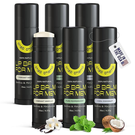 Lip Balm for Men - All Natural Mens Chapstick - Mens Lip Balm - Contains Vitamin E and Beeswax - Chapstick for Men - Peppermint, Coconut & Vanilla Lip Balm - 6 Pack Lip Balm Men-Velvo Beauty