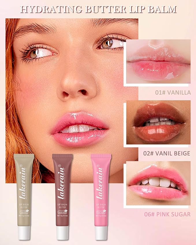 Tinted Lip Butter Balm-3 Colors Vanilla Beige Brown Pink Sugar Glossier Lip Gloss,Clear Jelly Yummy Tint Lip Stain Balm,Long Lasting Hydrating Non-Sticky Glow Reviver Fat Lip Care Oil for Women-Set A-Velvo Beauty