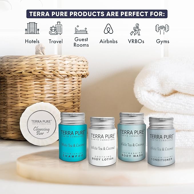 Terra Pure White Tea & Coconut Hotel Size Toiletries Set | 1-Shoppe All-In-Kit | 1 oz. Liquids and 1.25 oz. Bar Soap | Amenities For Hotels, Airbnb & Rentals | (75 pieces)-Velvo Beauty