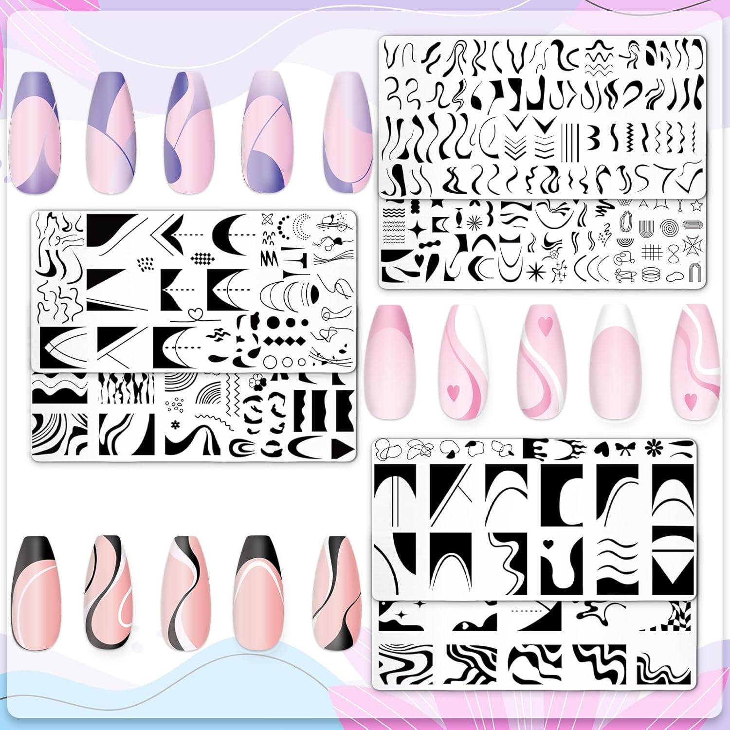 Whaline 6Pcs French Line Nail Plates Stamping Set Minimalism Wave Stripe Stamp Templates Nail Art Plates For DIY Print Manicure Salon Design-Velvo Beauty