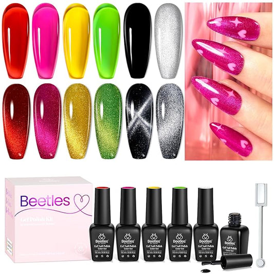 Beetles Gel Nail Polish Set, 6 Colors Silver Cat Eye Gel Polish Sheer Jelly Red Pink Yellow Green Black Neon Gel Translucent Glitter Effect with Magnet Soak Off UV Manicure Gifts for Women-Velvo Beauty