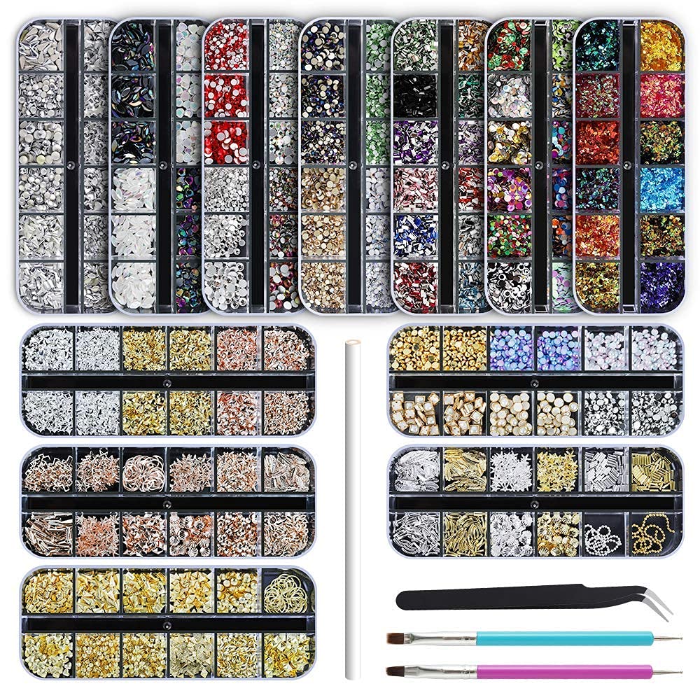 Artdone 12 boxes Nail Rhinestones,Nail Gems Nail Diamonds,Nail Art Studs Nail Crystals Nail Sequins for Nails Kit with 1 Tweezers and 3 Pen for Nail Art Supplies Accessories……-Velvo Beauty