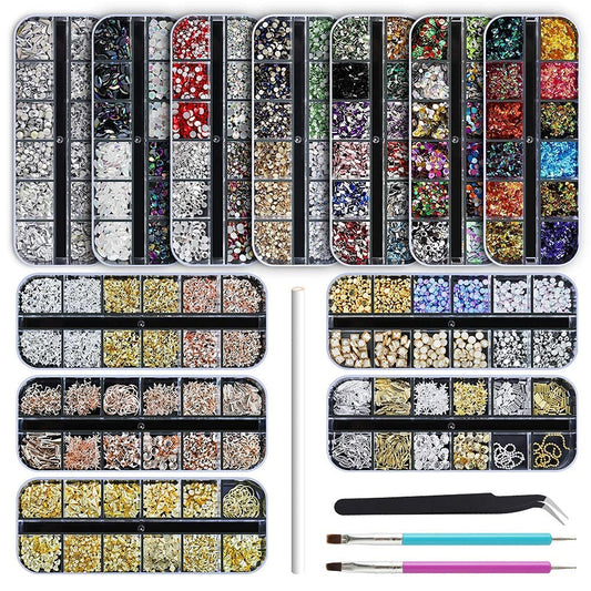 Artdone 12 boxes Nail Rhinestones,Nail Gems Nail Diamonds,Nail Art Studs Nail Crystals Nail Sequins for Nails Kit with 1 Tweezers and 3 Pen for Nail Art Supplies Accessories……-Velvo Beauty