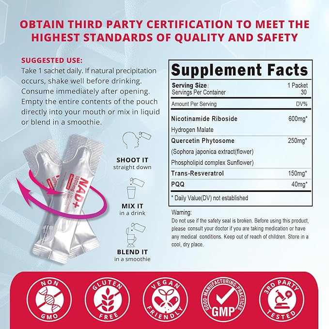 High-Potency 1000mg Nicotinamide Riboside with Resveratrol, PQQ & Quercetin Liquid Supplement, Berry Flavor Drink Mix, Boosts Cellular Energy, Focus & Anti-Aging, 30 Packets-Velvo Beauty