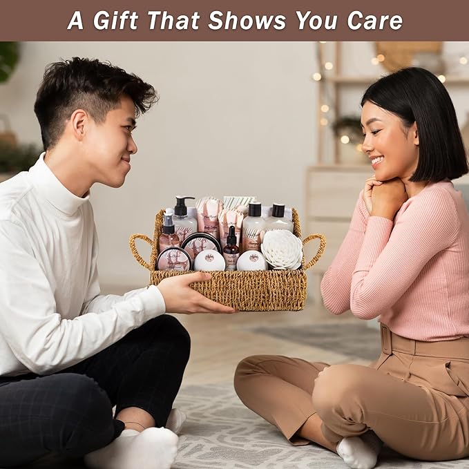Bath Spa Gift Sets - Luxury Basket With Coconut & Vanilla - Spa Kit Includes Wash, Bubble Bath, Lotion, Bath Salts, Body Scrub, Shower Puff, Bathbombs, Soap in Wooden Basket-Velvo Beauty
