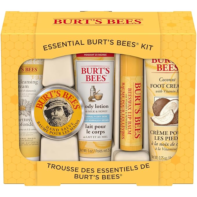Burt's Bees Back to School Gifts Ideas, 5 Body Care College Dorm Products, Everyday Essentials Set - Original Beeswax Lip Balm, Deep Cleansing Cream, Hand Salve, Body Lotion & Foot Cream, Travel Size-Velvo Beauty