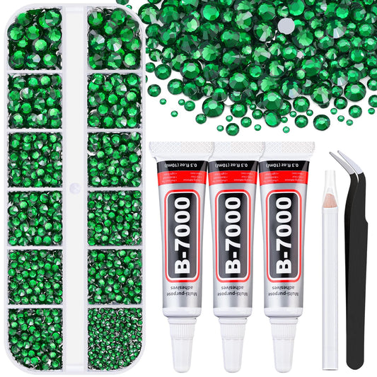 6000Pcs Resin Rhinestones for Bedazzling with 3Pcs B7000 Jewelry Glue, 1 Box Emerald Green Flatback Rhinestones for Crafting Crafts DIY, Crystals Gems for Clothing Shoes Tumblers Nail Art Makeup-Velvo Beauty