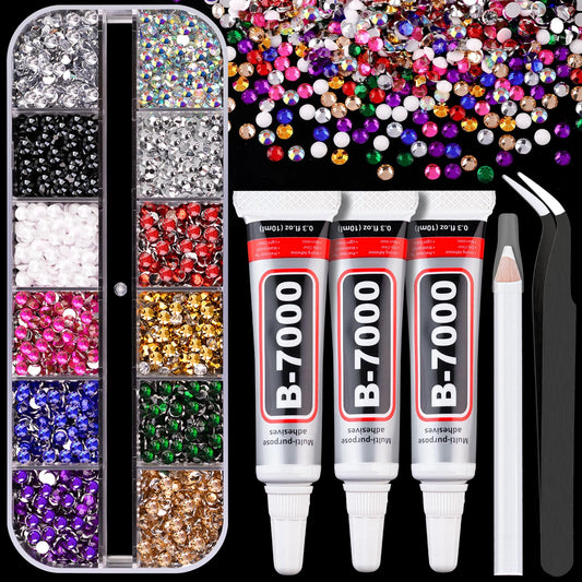 Resin Rhinestones for Crafting with B7000 Jewelry Glue, 1 Box Mix Colors 3mm Flatback Crystals with 3Pcs 10ml Glue for Bedazzling Crafts DIY Nail Art Makeup，Non Hotfix Gems for Clothing Shoes-Velvo Beauty