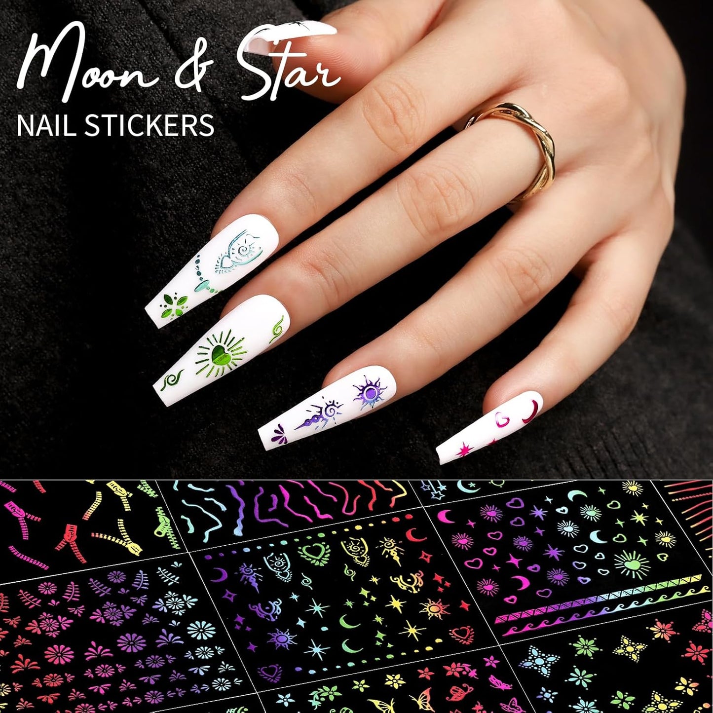 Teenitor 50 Sheets Nail Art Stickers, Rainbow Nail Stickers for Nail Art Nail Decals for Kids, Women, Fingernail in Halloween Christmas, Nail Supplies-Velvo Beauty