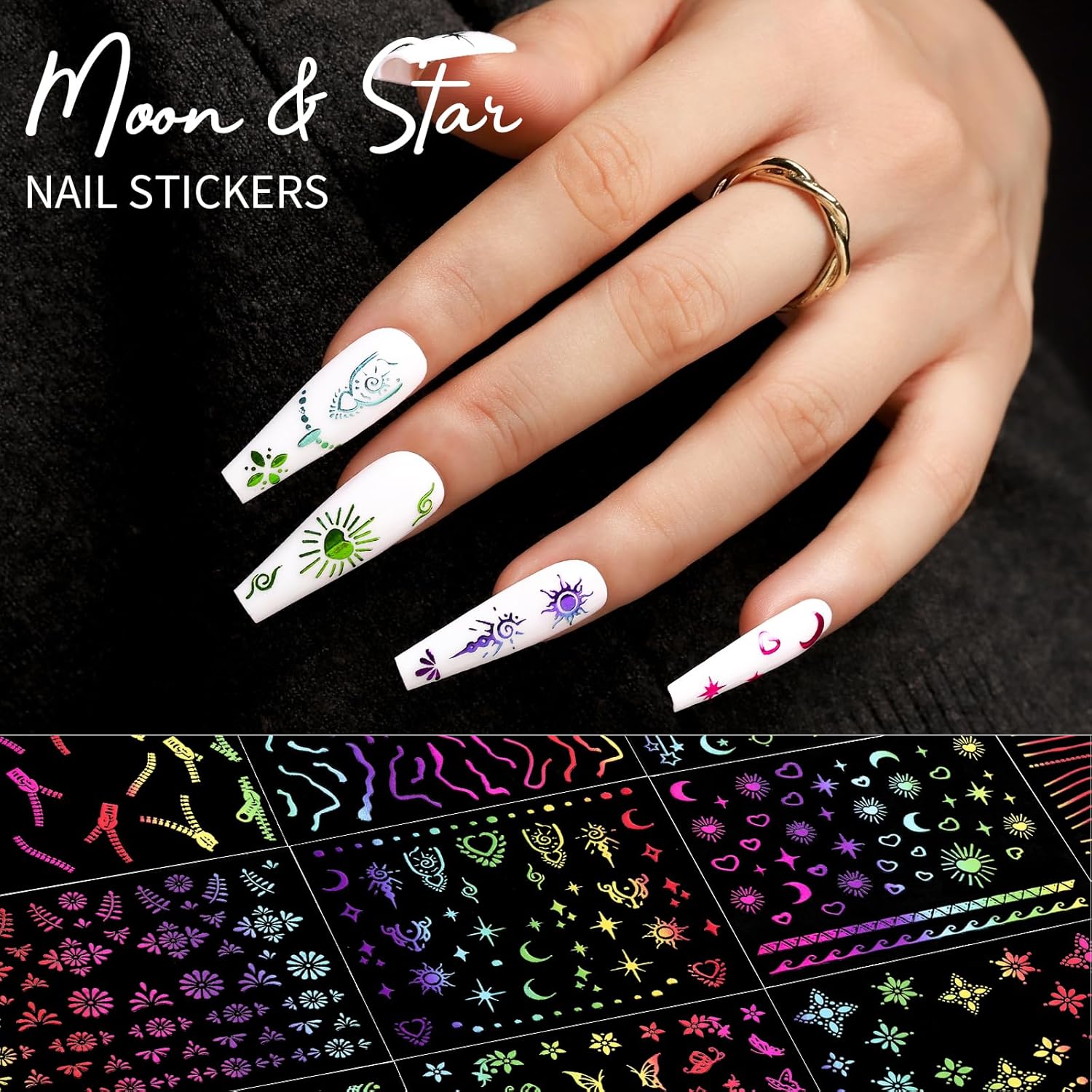 Teenitor 50 Sheets Nail Art Stickers, Rainbow Nail Stickers for Nail Art Nail Decals for Kids, Women, Fingernail in Halloween Christmas, Nail Supplies-Velvo Beauty
