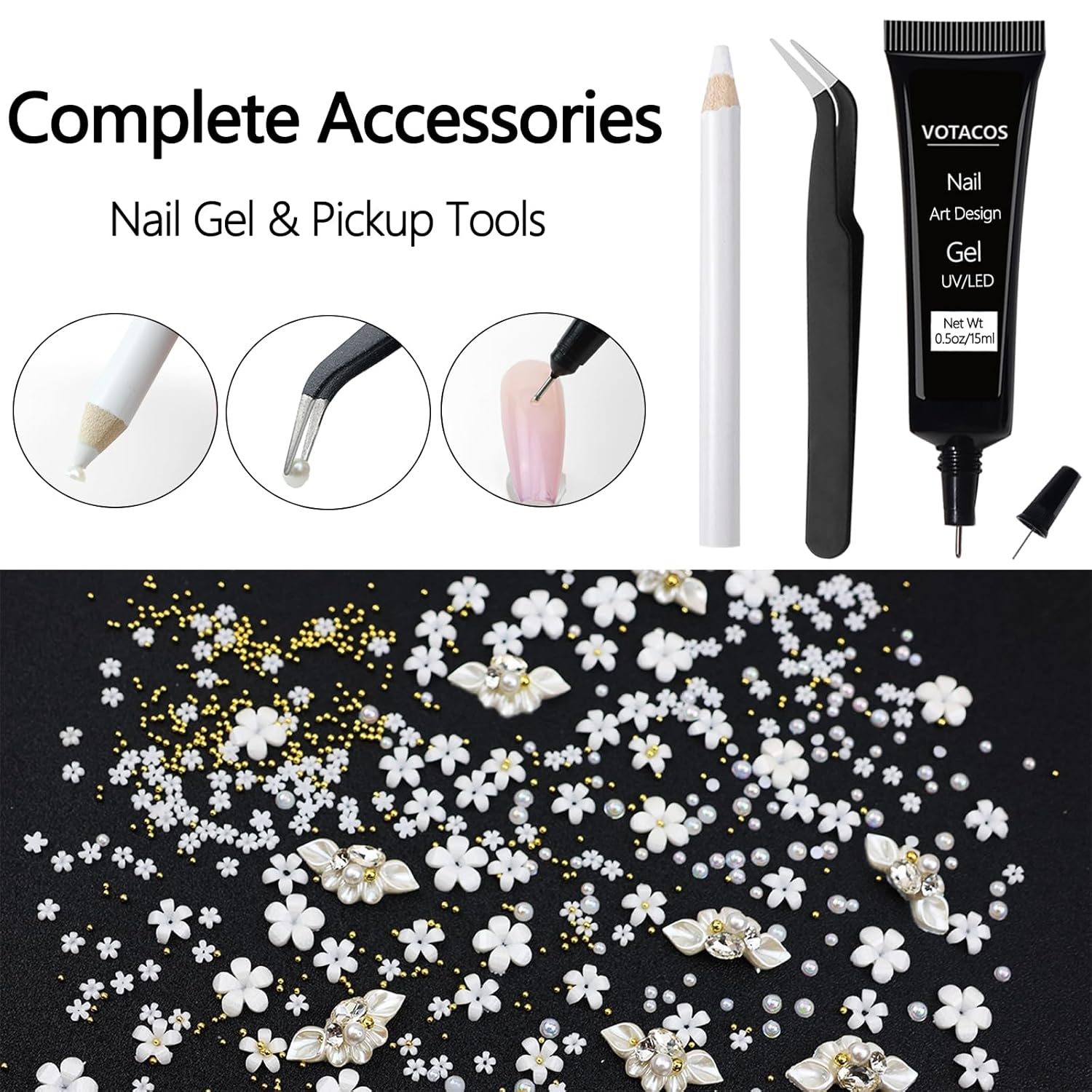 Nail Art Charms with Rhinestones Glue Gel White Flatback Pearls Luxurious Nail Charms Supplies Accessories Gold Steel Ball Nails Gems Jewelry Pearls for Women Nails Design-Velvo Beauty