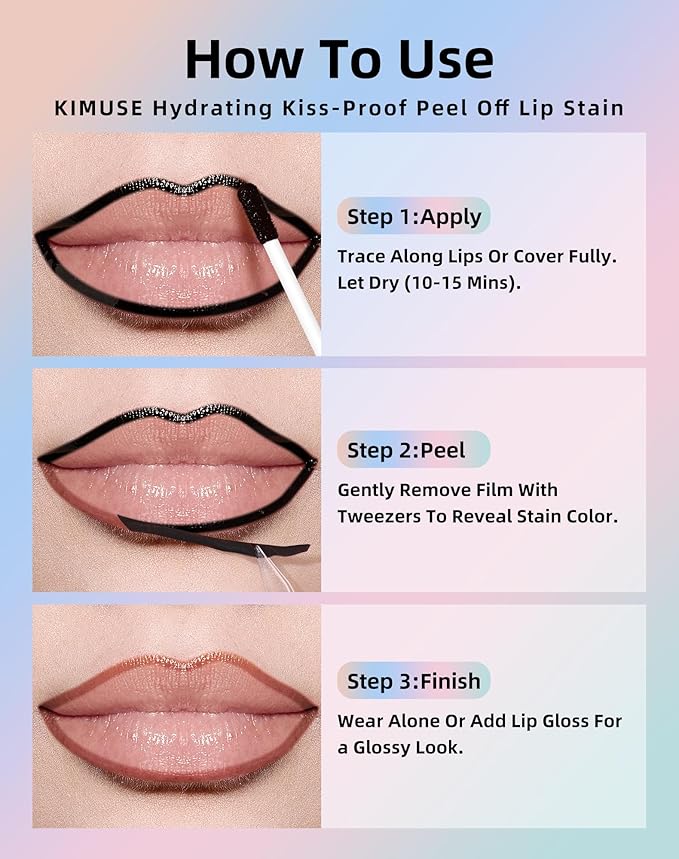 KIMUSE Lip Stain Peel Off, Peel Off Lip Liner Stain with Tweezer, Long Lasting, Waterproof, Transfer Proof Lipstains Color, Smudge-Free, Easy Removal, Matte Finish-Velvo Beauty