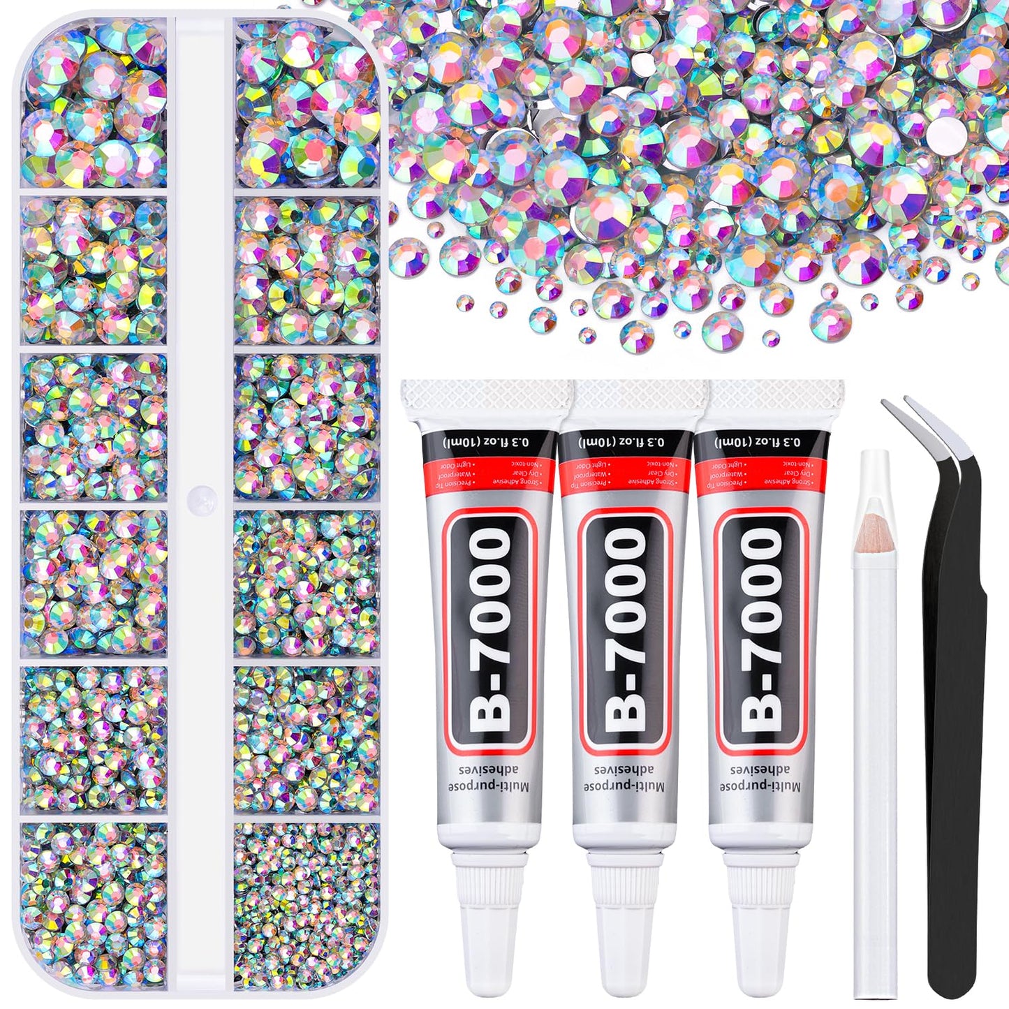 6000Pcs Resin Rhinestones for Bedazzling with 3Pcs B7000 Jewelry Glue, 1 Box AB Flatback Rhinestones for Crafting Crafts DIY, Crystals Gems for Clothing Shoes Tumblers Nail Art Makeup-Velvo Beauty