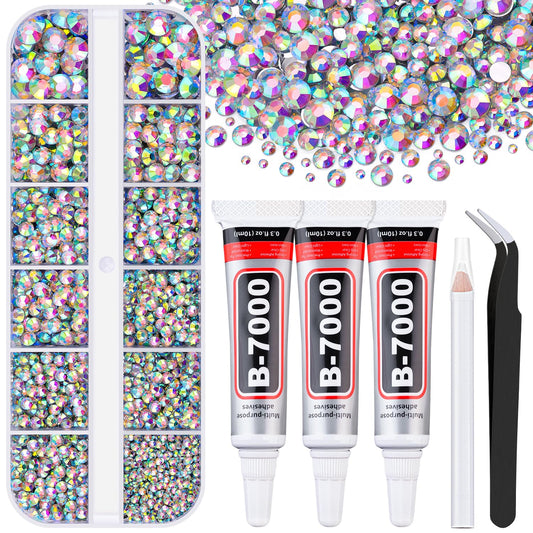 6000Pcs Resin Rhinestones for Bedazzling with 3Pcs B7000 Jewelry Glue, 1 Box AB Flatback Rhinestones for Crafting Crafts DIY, Crystals Gems for Clothing Shoes Tumblers Nail Art Makeup-Velvo Beauty