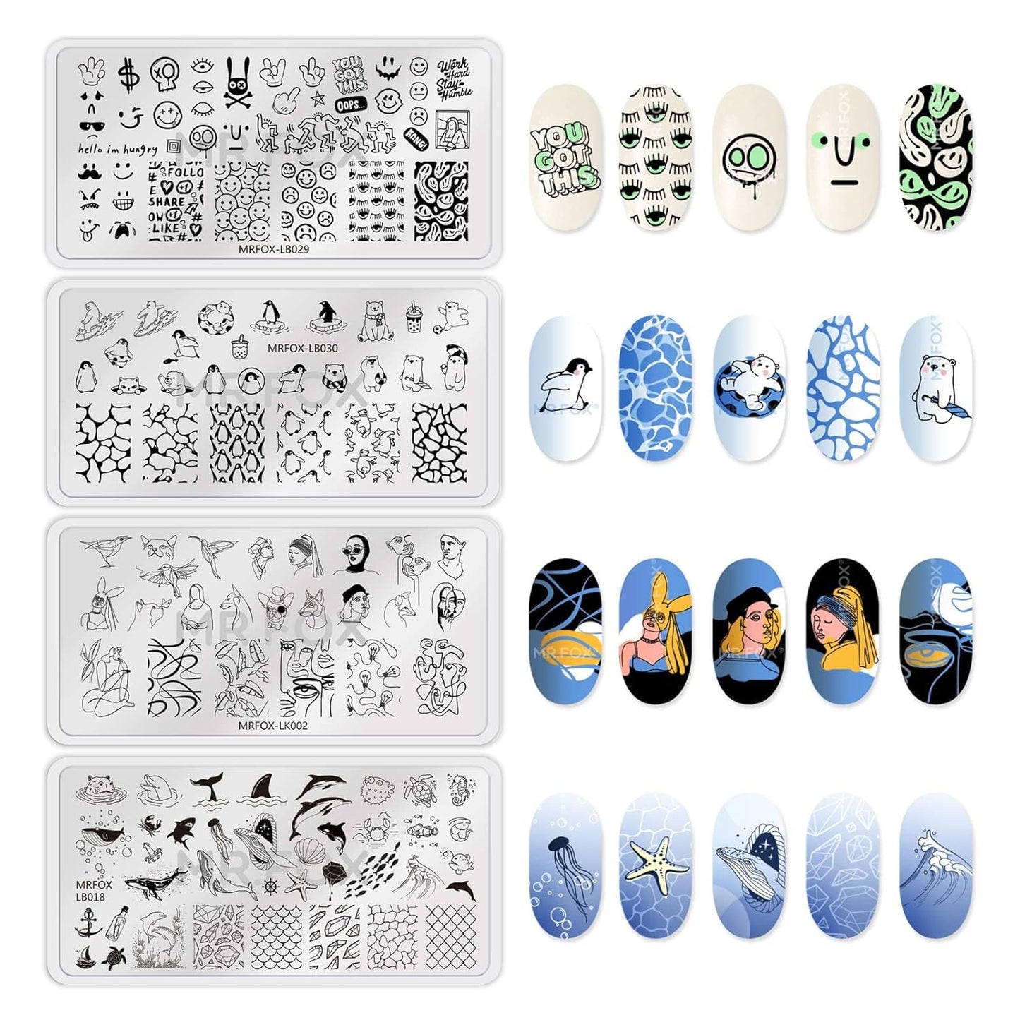MR.FOX Nail Stamping Plate Set, 8Pcs Nail Art Stamp Kit Templates for Women with Plenty of Images-Velvo Beauty