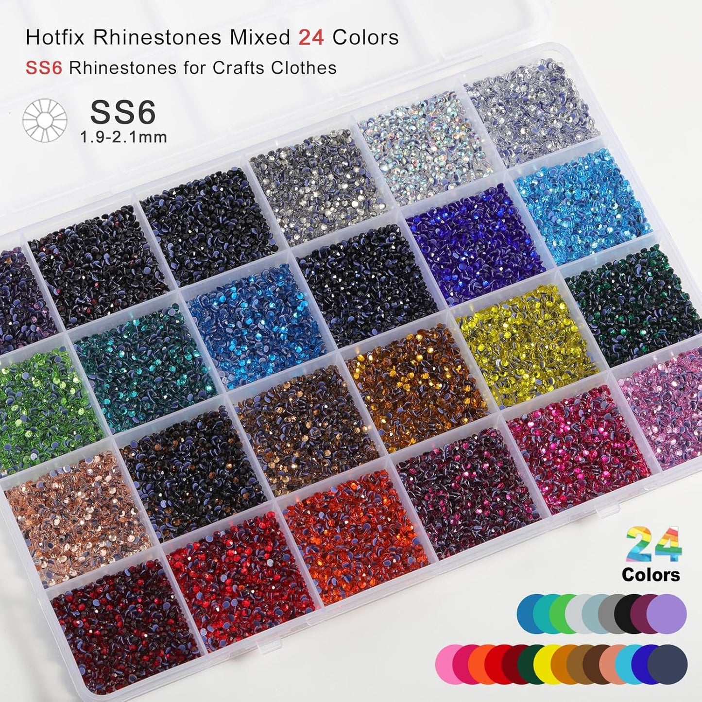 Hotfix Rhinestones Mixed 24 Colors, SS6 Rhinestones for Crafts Clothes, Hotfix Crystals with 1 Tweezers, 1 Wax Pencil and 1 Spoon-Velvo Beauty