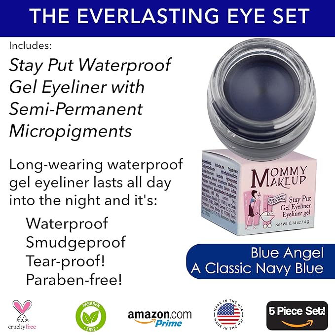 The Everlasting Eye 5 Piece Waterproof Makeup Set. Gel Eyeliner, Creme Eyeshadow, 2 brushes and Mesh Bag. Paraben-free, Talc-free, Cruelty-free. Elsa/Blue Angel 1112-Velvo Beauty