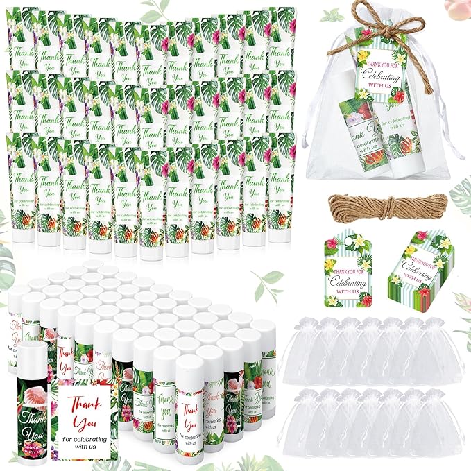 200 Pcs Baby Shower Wedding Party Favors Gift Set, 50 Pcs Baby Shower Hand Cream and 50 Lip Balm for Wedding Bridesmaid Guests Gift Supplies with 50 Organza Bag 50 Thank You Tag(Tropical)-Velvo Beauty