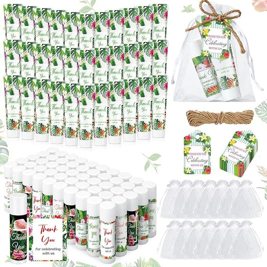 200 Pcs Baby Shower Wedding Party Favors Gift Set, 50 Pcs Baby Shower Hand Cream and 50 Lip Balm for Wedding Bridesmaid Guests Gift Supplies with 50 Organza Bag 50 Thank You Tag(Tropical)-Velvo Beauty
