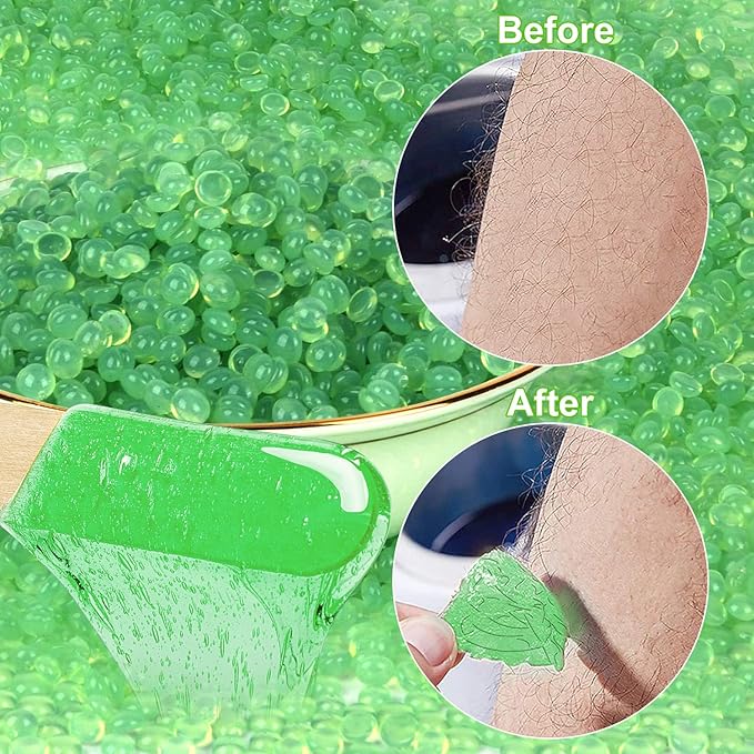 Hard Wax Beads for Brazilian Waxing, At Home Pearl Wax for Bikini, Face, Eyebrow, Legs - 300g (10 Oz) with 10 Wax Spatulas (Light Green-Aloe)-Velvo Beauty