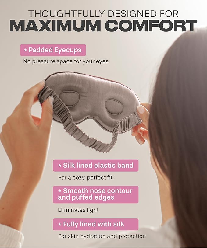 SUNDAYSILKS™ 3D Contoured Silk Sleep Mask | Padded Silk Eye Mask with Eye Cups for Lash Extensions | Blackout, Organic for Women & Men, Perfect for Travel, Slip-Free Deep Sleeping, Antifaz para Dormir-Velvo Beauty