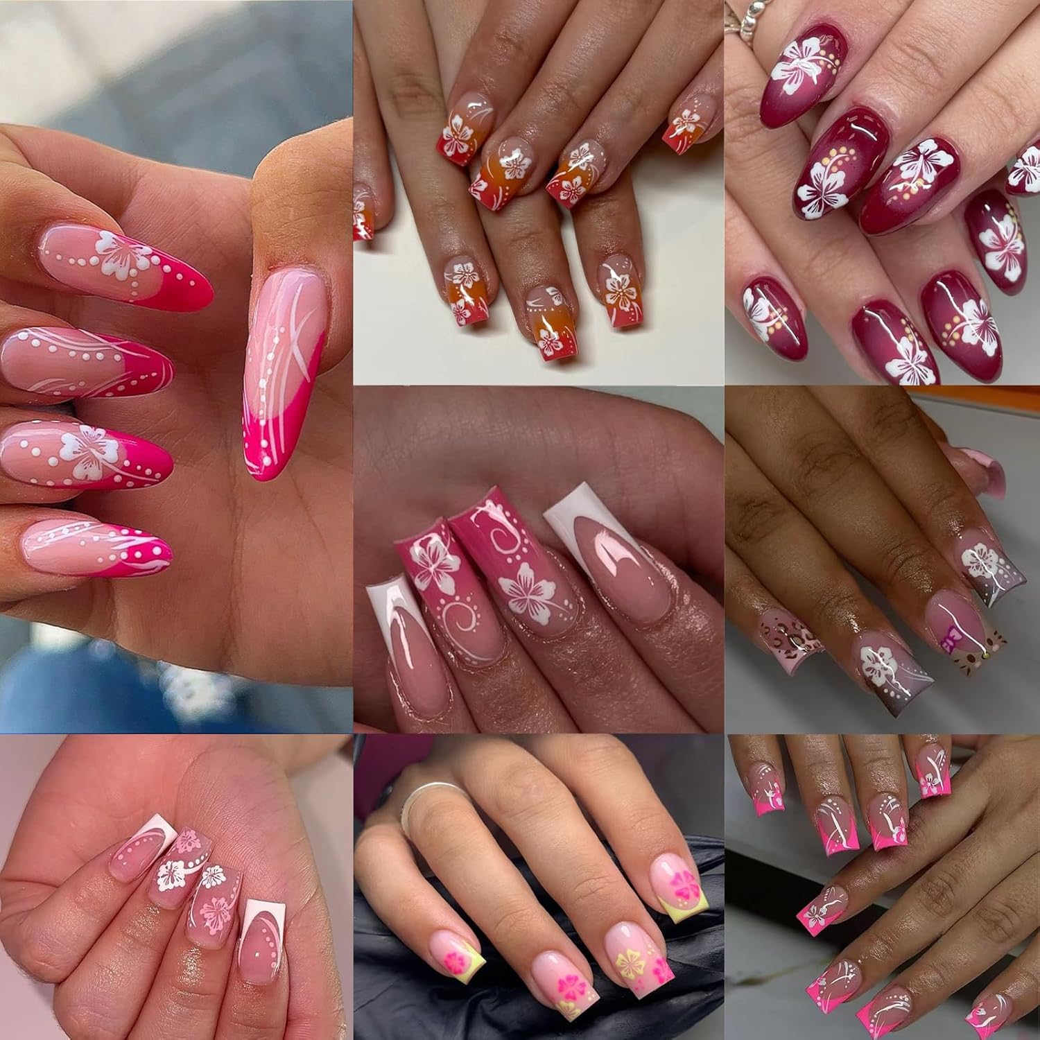 8 Sheets 3D Colored Flower Nail Stickers Summer Hibiscus Nail Decals 3D Self-Adhesive White Pink Gold Flower Pattern Women's Nail Art Supplies Decoration Accessories-Velvo Beauty