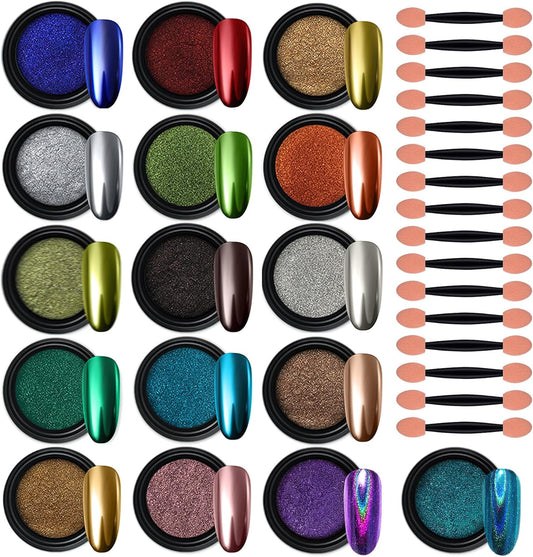 Artdone 16 Colors Chrome Nail Powder, Iridescent Aurora Powder Metallic Mirror Effect Pigment Pearlescent Mermaid Pigment Pearl Glitter Dust Kit, Nail Art Decoration, Resin Craft-Velvo Beauty