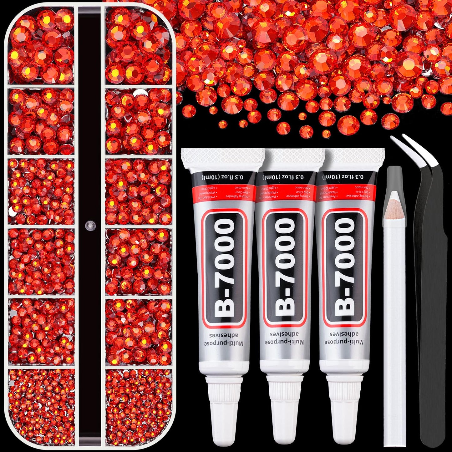 Resin Rhinestones for Crafting with B7000 Jewelry Glue, 1 Box Red Zircon Flatback Crystals with 3Pcs 10ml Glue for Bedazzling Crafts DIY Nail Art Makeup，Non Hotfix Gems for Clothing Shoes-Velvo Beauty