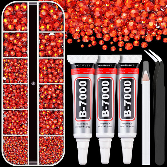 Resin Rhinestones for Crafting with B7000 Jewelry Glue, 1 Box Red Zircon Flatback Crystals with 3Pcs 10ml Glue for Bedazzling Crafts DIY Nail Art Makeup，Non Hotfix Gems for Clothing Shoes-Velvo Beauty
