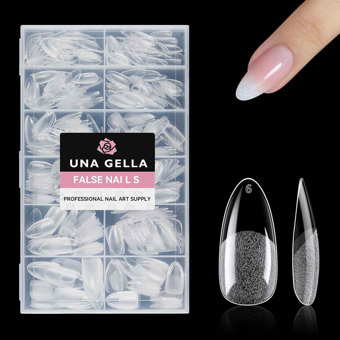 UNA GELLA 504Pcs Medium Pointed Almond Nail Tips, Pre-shape Almond Gel Nail Tips Half Matte Full Cover Acrylic Clear Press on Fake Nails Tips for Nail Extension Nail Art DIY Salon 12 Sizes-Velvo Beauty