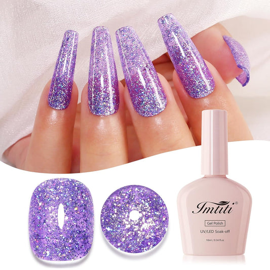 Imtiti Glitter Gel Nail Polish, Clear Purple Iridescent Glitter Gel Polish Diamond Shimmer Sparkle Soak Off UV LED Nail Gel Polish Autumn Winter Gel Polish Manicure Gel Nail Kit 10ML-Velvo Beauty